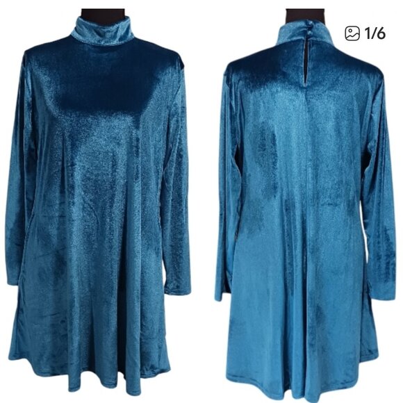 L&B SZ 2X Teal Blue Velour Dress Timeless Chic Minimalist Dressy Modern - Picture 1 of 9